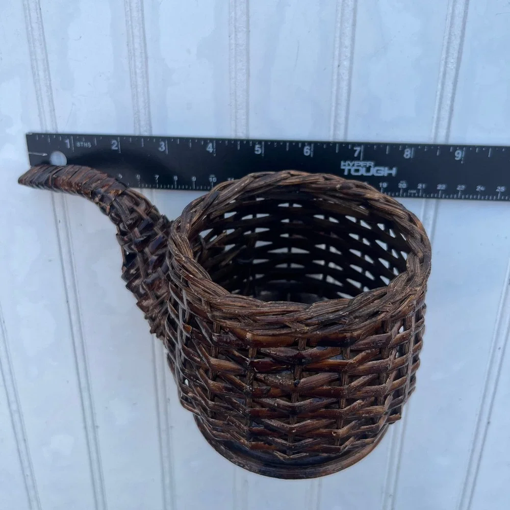 Vintage Dark Brown Wicker Smoking Pipe Shaped Basket Novelty Decor Wood Base